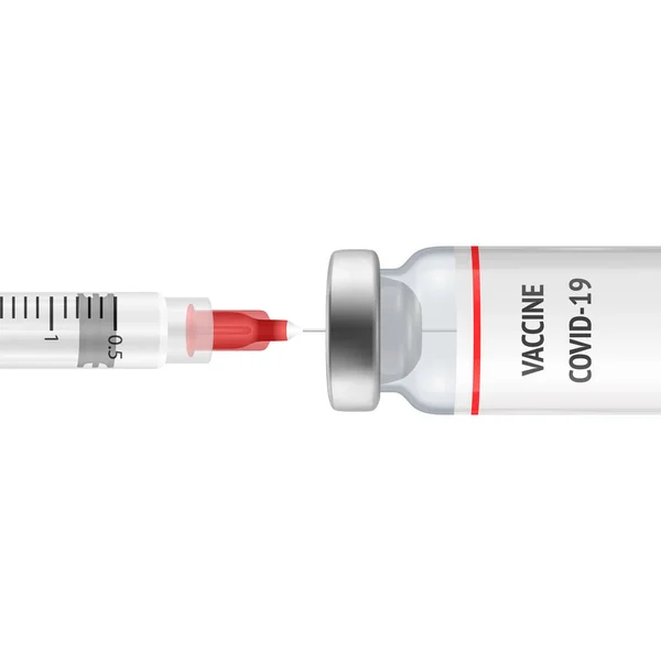 Vektorová 3D realistická láhev a stříkačka. COVID-19 Coronavirus Vaccine. Detailní záběr Izolovaný na bílém pozadí. Šablona designu lékové ampule, Clipart, Mockup. Vakcinační koncept. Pohled zepředu — Stockový vektor