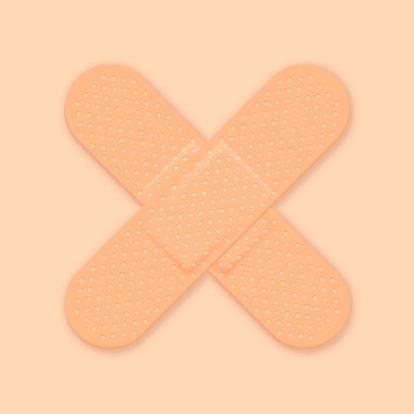 Vektör 3d Gerçekçi Tıbbi Yama Simgesi Kapanışı. Yapıştırıcı Şablon Bandaj Elastik Tıbbi Sıvılar. Haç çıkar. Ön, Üst Görünüm