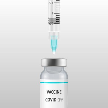 Vektör 3d Gerçekçi Şişe ve Şırınga. COVID-19 Coronavirus aşısı. Beyaz Arkaplan 'da izole edilmiş. Uyuşturucu Ampulü Tasarım Şablonu, Clipart, Mockup. Aşı konsepti. Ön Görünüm