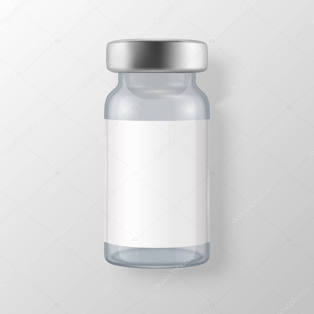 Vector 3d Realistic Bottle of Vaccine Icon Closeup Isolated on White Background. Drug Ampoule Design Template, Clipart, Mockup. Vaccination concept. Top View
