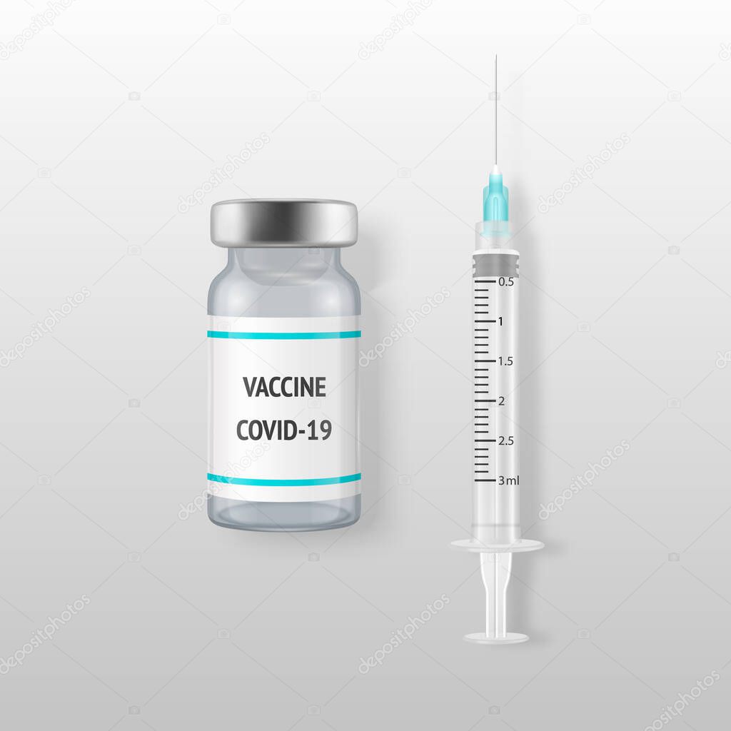Vector 3d Realistic Bottle and Syringe. COVID-19 Coronavirus Vaccine. Closeup Isolated on White Background. Drug Ampoule Design Template, Clipart, Mockup. Vaccination concept. Top View
