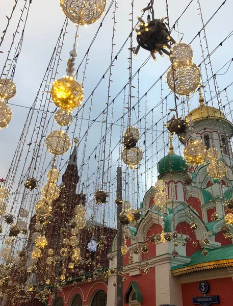 Moskou Rusland Lantaarn Stad Kerst Straat Kerstverlichting Moskouse Straten Nieuwjaar — Stockfoto