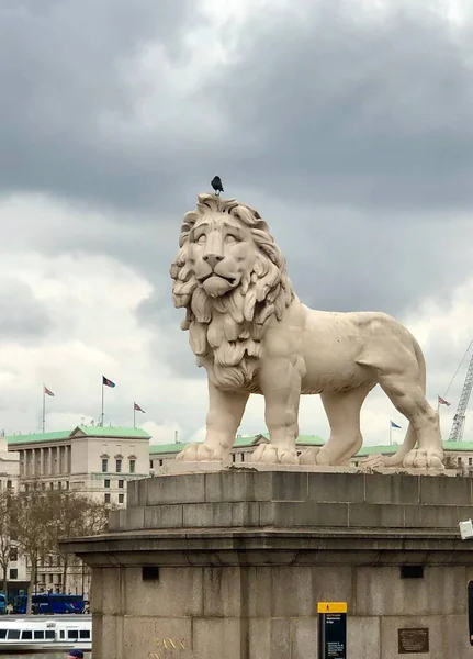 Escultura de um leão em Trafalgar Square, Londres em um típico dia nublado britânico Reino Unido — Fotografia de Stock