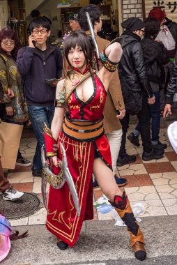 Osaka / Japonya - 18 Mart 2018: Nipponbashi Street Festa, renkli kostüm ve anime festivali her Mart ayında Japonya 'nın Osaka kentinde düzenlenir. Dünyanın en büyük kostüm etkinliklerinden biri.
