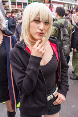 Osaka / Japonya - 18 Mart 2018: Nipponbashi Street Festa, renkli kostüm ve anime festivali her Mart ayında Japonya 'nın Osaka kentinde düzenlenir. Dünyanın en büyük kostüm etkinliklerinden biri.