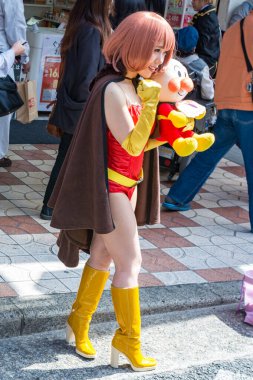 Osaka / Japonya - 18 Mart 2018: Nipponbashi Street Festa, renkli kostüm ve anime festivali her Mart ayında Japonya 'nın Osaka kentinde düzenlenir. Dünyanın en büyük kostüm etkinliklerinden biri.