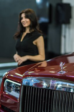 Belgrad / Sırbistan - 23 Mart 2019: Sırbistan 'ın başkenti Belgrad' daki Araba ve Motor Fuarında güzel bir hostes kız