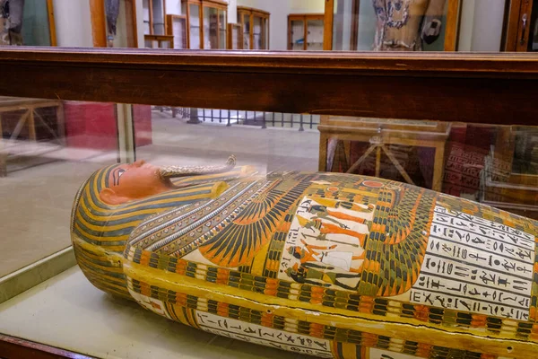 Cairo Egypt May 2019 Ancient Egyptian Sarcophagi Mummy Caskets Displayed — Stock Photo, Image