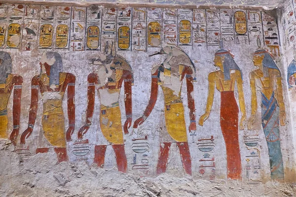 Pinturas Antigas Hieróglifos Egípcios Túmulo Faraó Vale Dos Reis Luxor — Fotografia de Stock