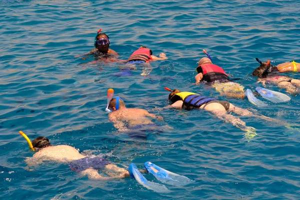 Hurghada Egito Maio 2019 Grupo Turistas Snorkeling Mergulho Perto Ilha — Fotografia de Stock