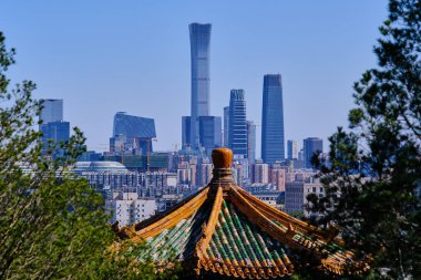 Skyscrapers of Central business district in downtown Beijing, view from Jingshan Park, Prospect Hill, in central Beijing, China clipart