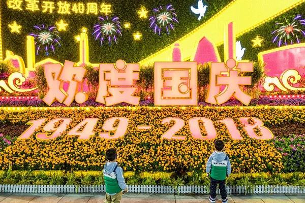 Beijing China Octubre 2018 Niños Gemelos Mirando Stand Decorativo Establecido —  Fotos de Stock