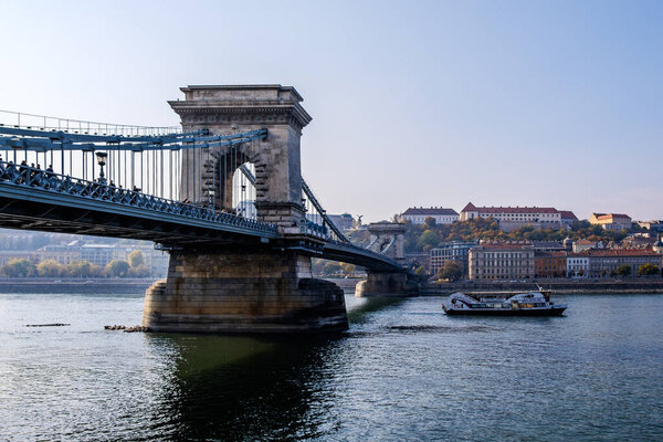 Budapest / Hungary - October 20, 2018: Beautiful old Szechenyi Chain Bridge on the Danube river, famous landmark of Budapest, capital of Hungary