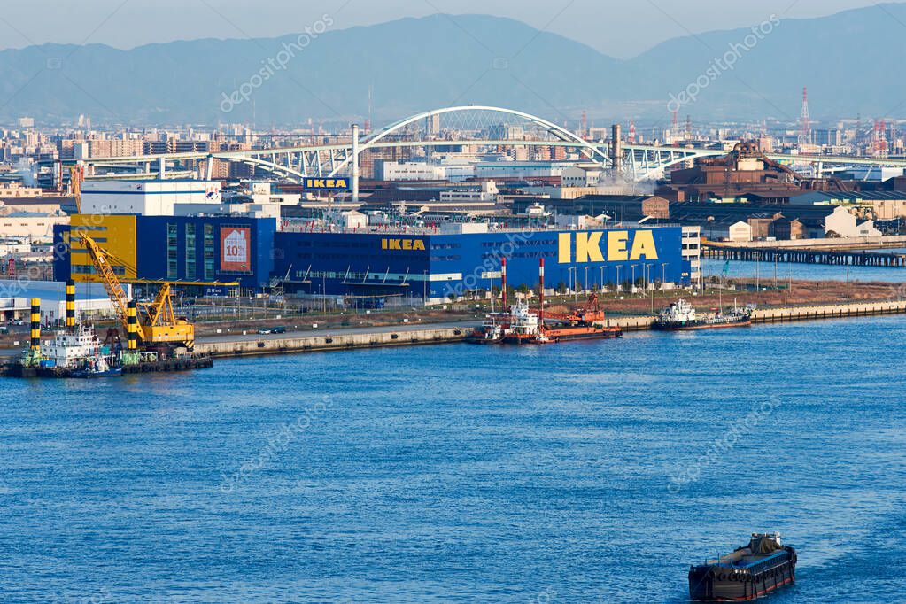 Osaka / Japan - March 23rd 2018: Huge IKEA Tsuruhama store in Osaka port, Osaka, Japan