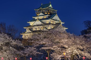 Japonya, Osaka 'da kiraz çiçekleri mevsiminde güzel Osaka kalesinin akşam manzarası