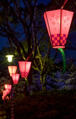 Japonya 'nın Osaka kentindeki kiraz çiçeği mevsiminde Sakura, yozakura' yı izlemek için Osaka şatosu parkında süslemeli elektrik fenerleri asılıydı.