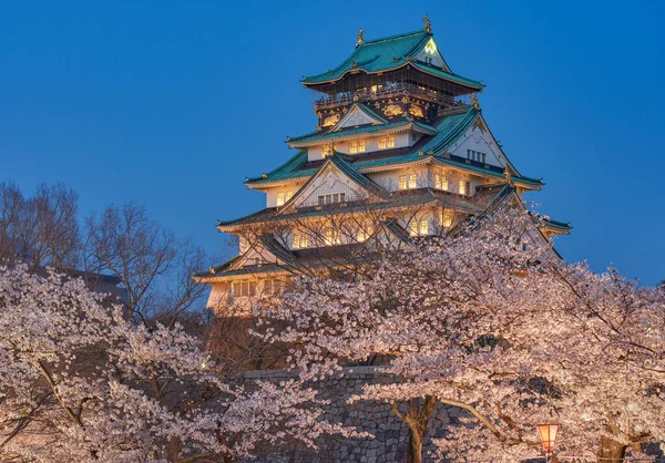 Japonya, Osaka 'da kiraz çiçekleri mevsiminde güzel Osaka kalesinin akşam manzarası