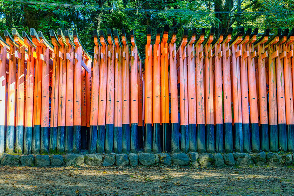 Rows of red torii gates of the Fushimi Inari shinto shrine in Kyoto, Japan