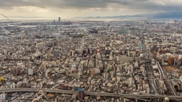 Upływ Czasu Osaka Cityscape Widok Lotu Ptaka Abeno Harukas 300 — Wideo stockowe