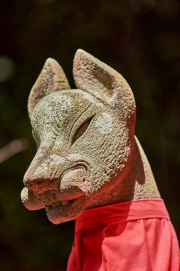 Japonya 'nın Kyoto kentindeki Fushimi Inari Shinto tapınağında bir Kitsune heykeli, Japon Shinto kızıl tilki tanrısı.
