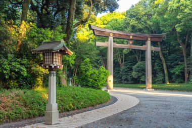Torii kapısı Meiji Tapınağı 'na açılıyor. Meiji Tapınağı Meiji Jingu, İmparator Meiji ve eşi İmparatoriçe Shoken, Tokyo ve Japonya 'nın tanrılaştırılmış ruhlarına adanmış bir Shinto tapınağıdır.