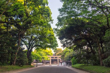 Tokyo / Japonya - 21 Nisan 2018: Meiji Tapınağı Girişi (Meiji Jingu), Shinto tapınağı İmparator Meiji ve eşi Shoken 'in Tokyo, Japonya' daki tanrılaştırılmış ruhlarına adanmıştır.