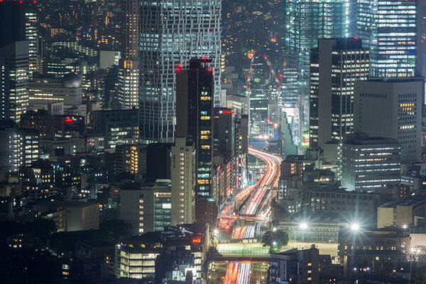 Tokyo urban cityscape at night, view from the Roppongi Hills Mori Tower observation deck
