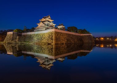 Kishiwada Kalesi 'nin (Chikiri Kalesi) 16. yüzyılda Kishiwada şehrinde inşa edilmiş gece manzarası, Osaka Bölgesi, Japonya