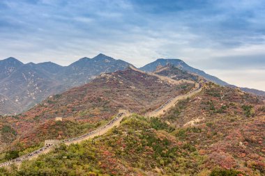 Çin Seddi 'nin Badaling bölümünün manzarası bulutlu gökyüzü ve sonbahar ağacı renkleriyle