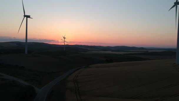 Flygfoto över väderkvarnar gård för energiproduktion på solnedgången himlen på höglandet. Vindkraftverk som genererar förnybar ren energi — Stockvideo