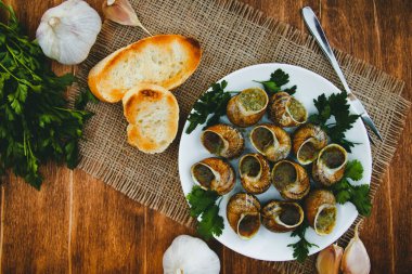 Escargots de Bourgogne - salyangoz otlar ile tereyağı, maydanoz ve beyaz tabakta ekmek ile geleneksel Fransız gurme yemek
