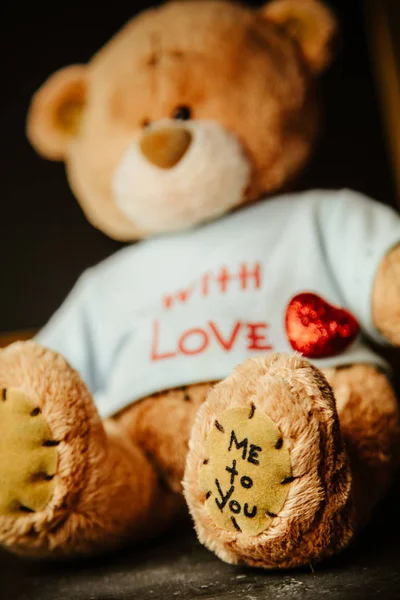 Hermoso fondo para el día de San Valentín con oso de peluche y corazón — Foto de Stock