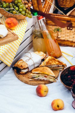 Piknik meyve, peynir, kızarmış ekmek, bal, şarap ile bir hasır sepet yatak örtüsü üzerinde ayarlayın. Güzel yaz arka plan ile yiyecek ve içecek niteliğine