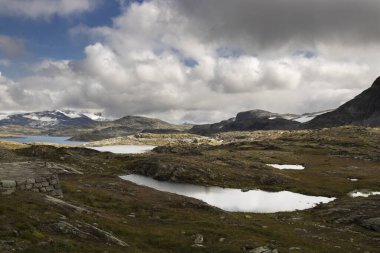 Norveç 'te 55. Yol' daki gölleri ve dağları gösteren manzara