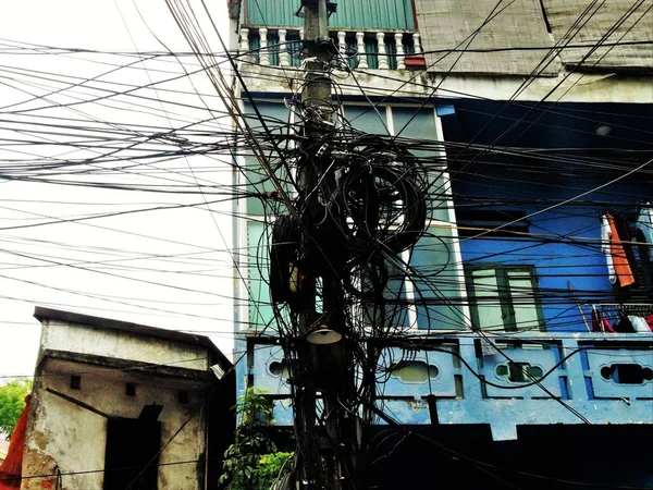 Emmêlement Câbles Dans Une Rue Bangkok — Photo