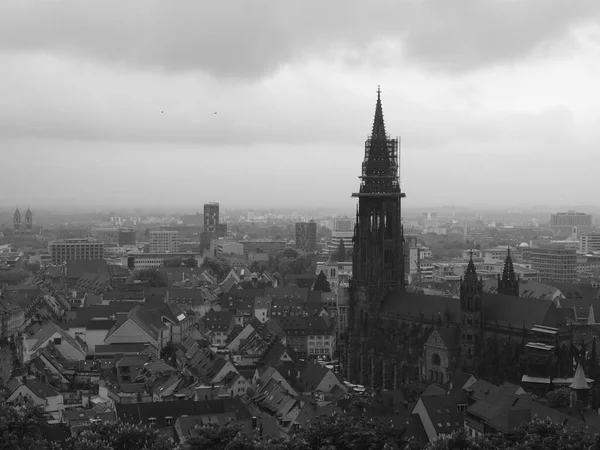 Stadsgezicht Freiburg Duitsland Zwart Wit Met Opvallende Kathedraal — Stockfoto