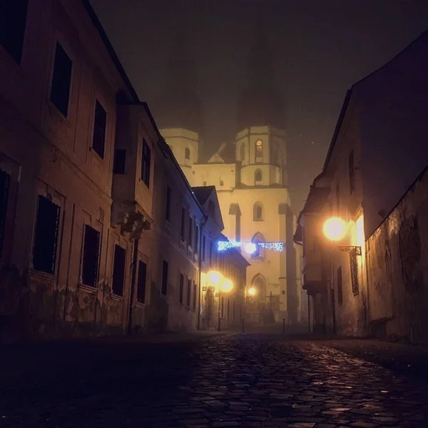 Foggy Night Town Trnava — Stock Photo, Image