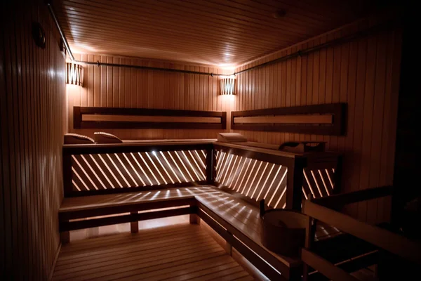 Interior of luxury russian bath sauna. Traditional Russian bathroom.