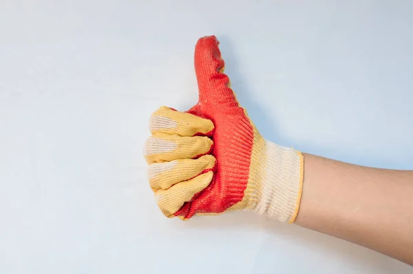 Worker Wearing Leather Work Glove Giving Thumbs Sign White Background — Stock Photo, Image
