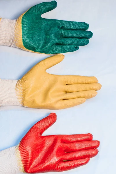 Worker Wearing Leather Work Glove Giving Thumbs Sign White Background — Stock Photo, Image