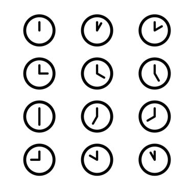 Saatleri gösteren 12 saat simgesi seti. Düz biçim, yüksek kalite illüstrasyon.
