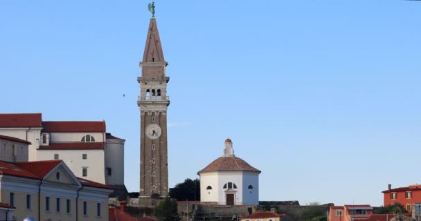 タルティーニのメイン広場 旗のある古代の建物 セント ジョージ教区教会 観光の町ピランの鐘楼をご覧ください スロベニア南西部 街のメインタワーに時計 カモメが飛ぶ — ストック動画