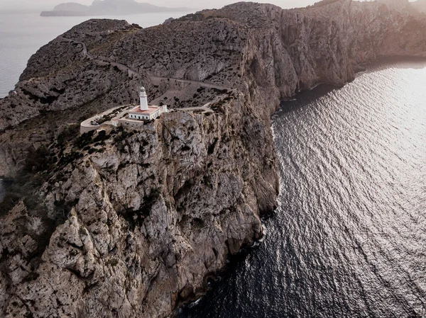 Aerial View Beautiful White Lighthouse Cap Formentor Coast North Mallorca — Stock Photo, Image