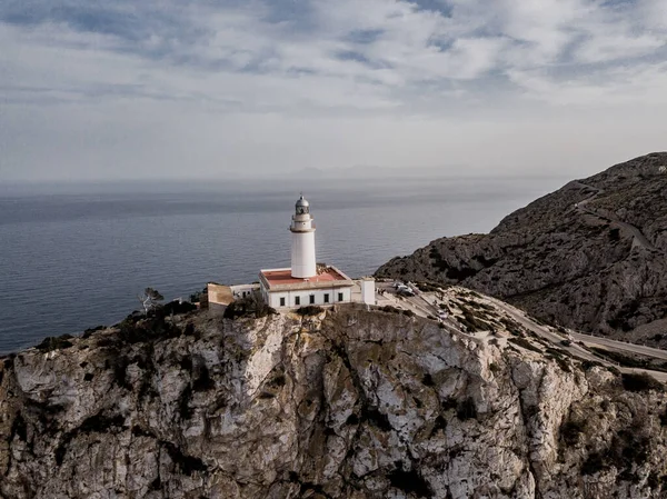 Aerial View Beautiful White Lighthouse Cap Formentor Coast North Mallorca — Stock Photo, Image