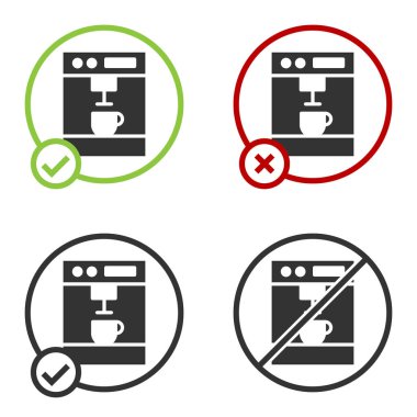 Siyah kahve makinesi simgesi beyaz arkaplanda izole edilmiş. Çember düğmesi. Vektör İllüstrasyonu