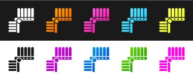 Siyah beyaz arka planda tüy ikonlu Hint başlığını ayarlayın. Amerikan yerlilerinin geleneksel başlığı. Vektör İllüstrasyonu