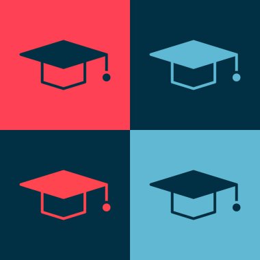 Pop Art Graduation Capduation ikonu renk arkaplanında izole edildi. Tassel ikonlu mezuniyet şapkası. Vektör İllüstrasyonu