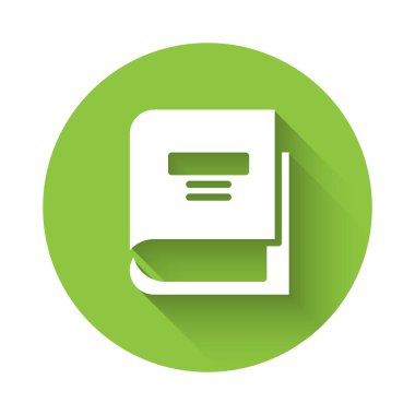 Beyaz Kitap simgesi uzun gölgelerle izole edilmiş. Yeşil daire düğmesi. Vektör İllüstrasyonu