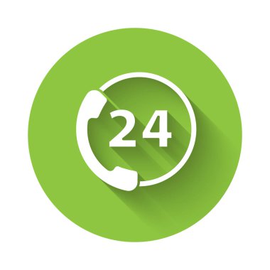 Beyaz Telefon 24 saat boyunca izole edilmiş uzun gölgeli ikon. Tüm gün müşteri destek merkezi. Tam zamanlı çağrı servisi. Yeşil daire düğmesi. Vektör İllüstrasyonu