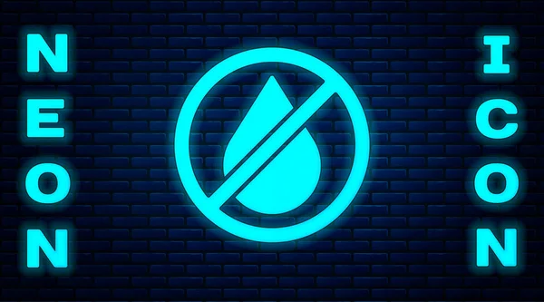 Świecący Neon Woda Kropla Zabronione Ikona Izolowane Tle Cegły Ściany — Wektor stockowy